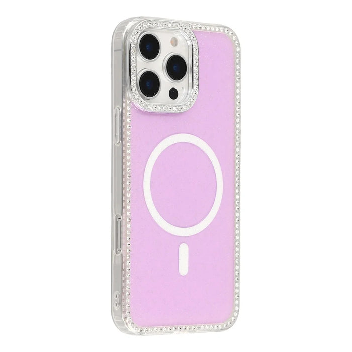 For iPhone 16 Pro Case Compatible with MagSafe Rhinestone Edge Glitter Back TPU + PC IMD Phone Cover - Glitter Light Purple - 3
