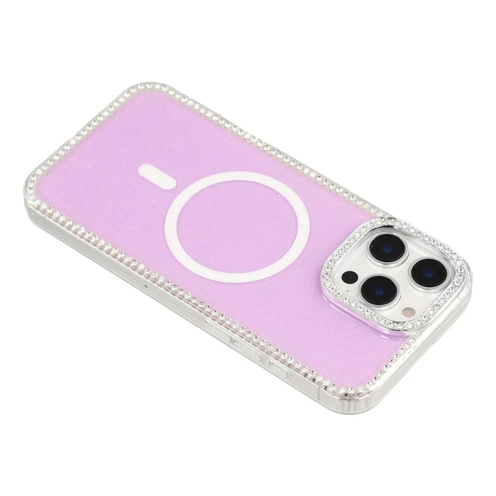 For iPhone 16 Pro Case Compatible with MagSafe Rhinestone Edge Glitter Back TPU + PC IMD Phone Cover - Glitter Light Purple - 5