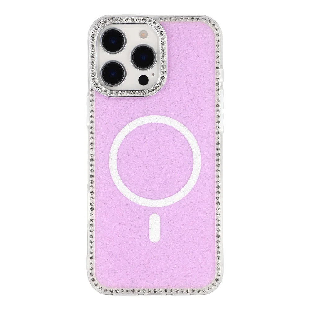 For iPhone 16 Pro Max Case Compatible with MagSafe Rhinestone Edge Glitter Back TPU + PC IMD Phone Cover - Glitter Light Purple - 1