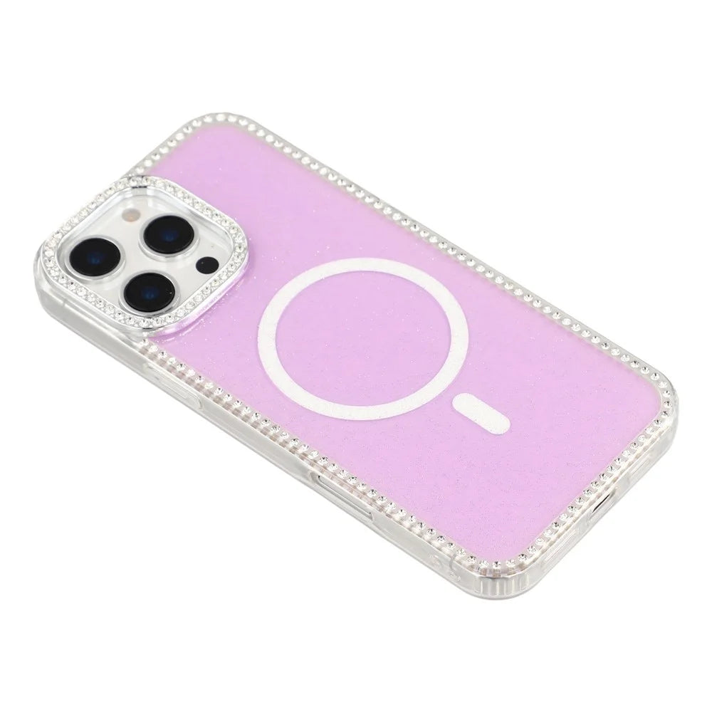 For iPhone 16 Pro Max Case Compatible with MagSafe Rhinestone Edge Glitter Back TPU + PC IMD Phone Cover - Glitter Light Purple - 4