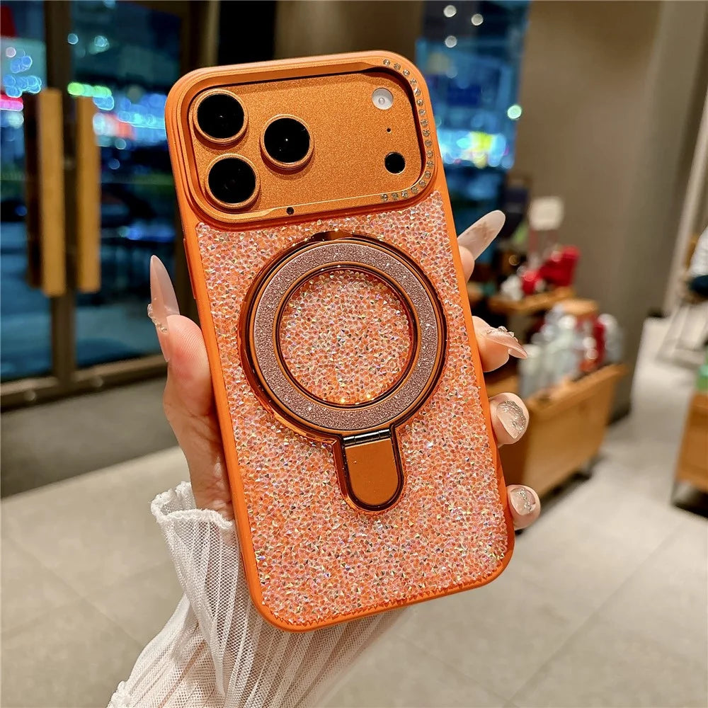 For iPhone 17 Pro Magnetic Case Glitter Design Ring Kickstand TPU + Acrylic Phone Cover with Screen Protector - Orange - 2