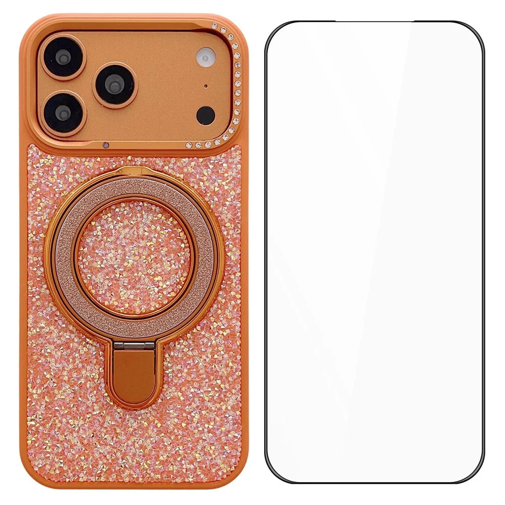 For iPhone 17 Pro Max Magnetic Case Glitter Design Ring Kickstand TPU + Acrylic Phone Cover with Screen Protector - Orange - 1