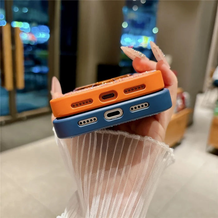 For iPhone 17 Pro Max Magnetic Case Glitter Design Ring Kickstand TPU + Acrylic Phone Cover with Screen Protector - Orange - 6