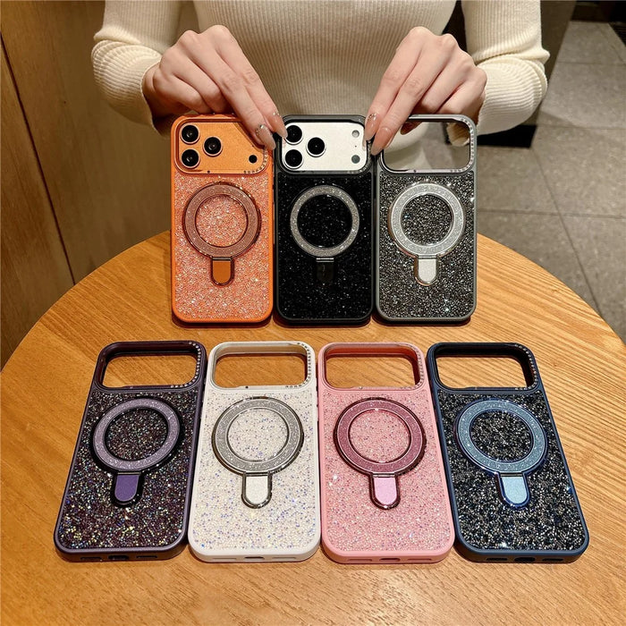 For iPhone 17 Pro Max Magnetic Case Glitter Design Ring Kickstand TPU + Acrylic Phone Cover with Screen Protector - Orange - 7