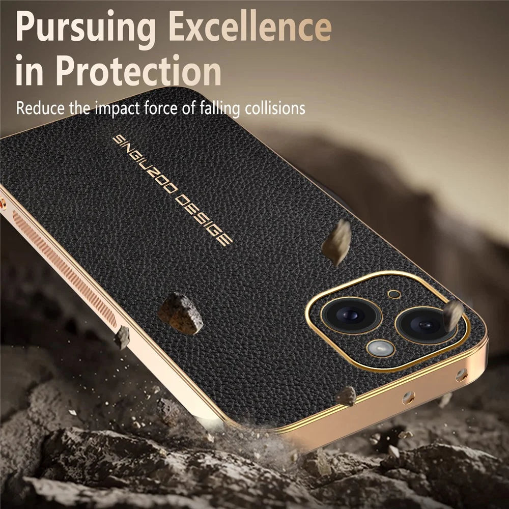 For iPhone 15 Case Anti Scratch Litchi Texture TPU Leather PU Phone Back Cover - Black - 5