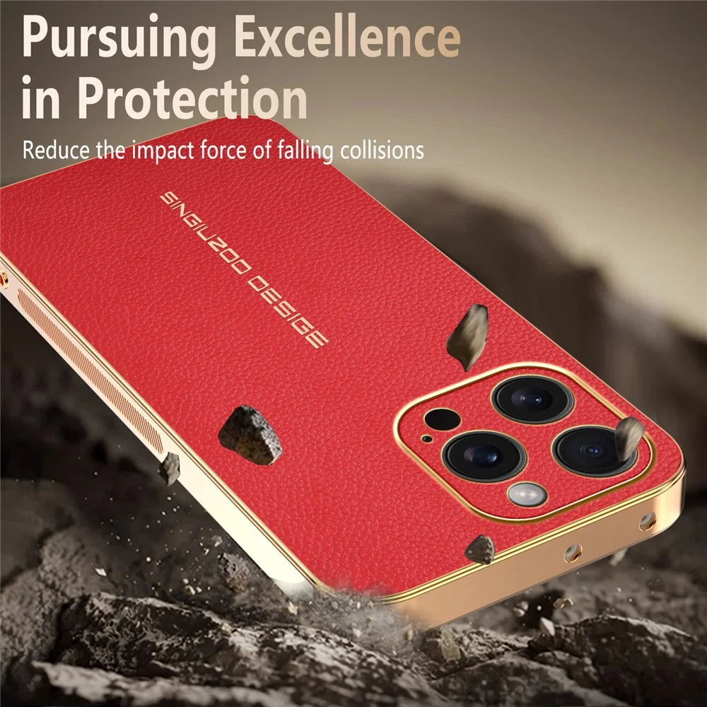 For iPhone 15 Pro Case Anti Scratch Litchi Texture TPU Leather PU Phone Back Cover - Red - 5