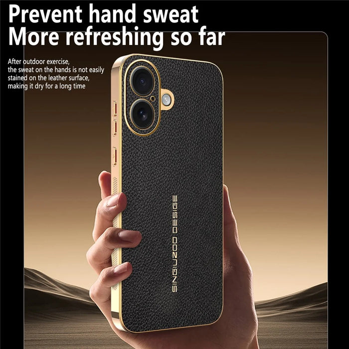 For iPhone 16 Case Anti Scratch Litchi Texture TPU Leather PU Phone Back Cover - Black - 4