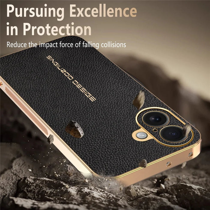For iPhone 16 Case Anti Scratch Litchi Texture TPU Leather PU Phone Back Cover - Black - 6