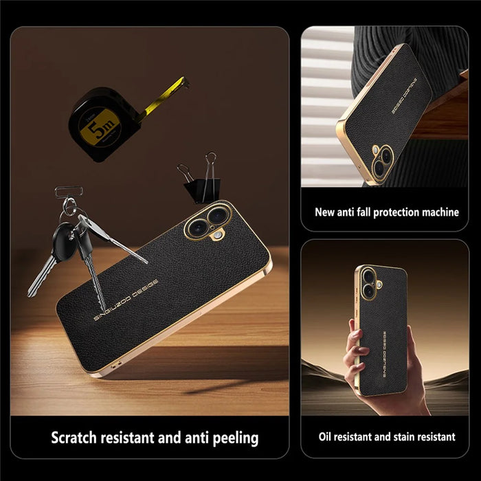For iPhone 16 Plus Case Anti Scratch Litchi Texture TPU Leather PU Phone Back Cover - Black - 2