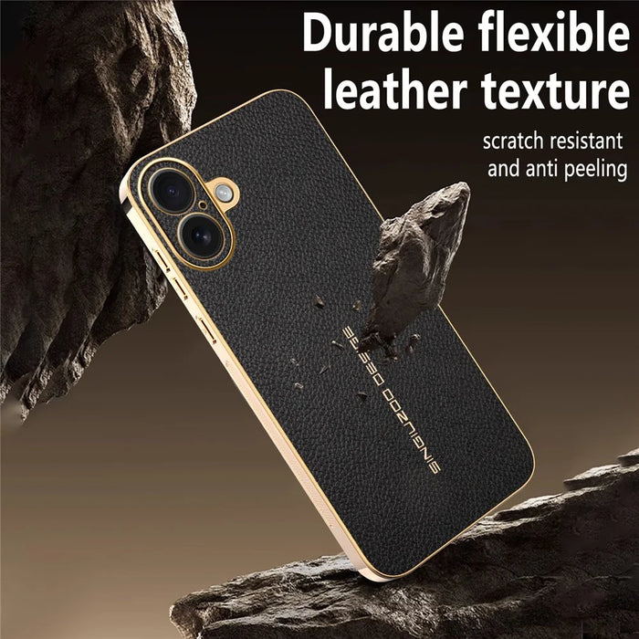 For iPhone 16 Plus Case Anti Scratch Litchi Texture TPU Leather PU Phone Back Cover - Black - 5