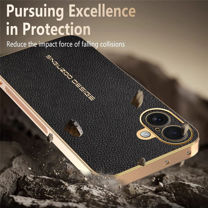 For iPhone 16 Plus Case Anti Scratch Litchi Texture TPU Leather PU Phone Back Cover - Black - 6