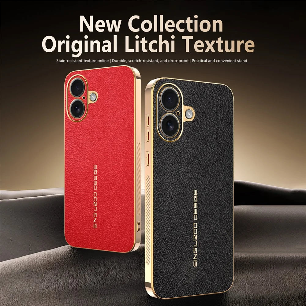 For iPhone 17 Case Anti Scratch Litchi Texture TPU Leather PU Phone Back Cover - Black - 7