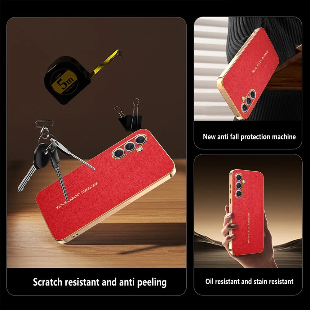 For Samsung Galaxy A55 5G Case Anti Scratch Litchi Texture TPU Leather PU Phone Back Cover - Red - 3
