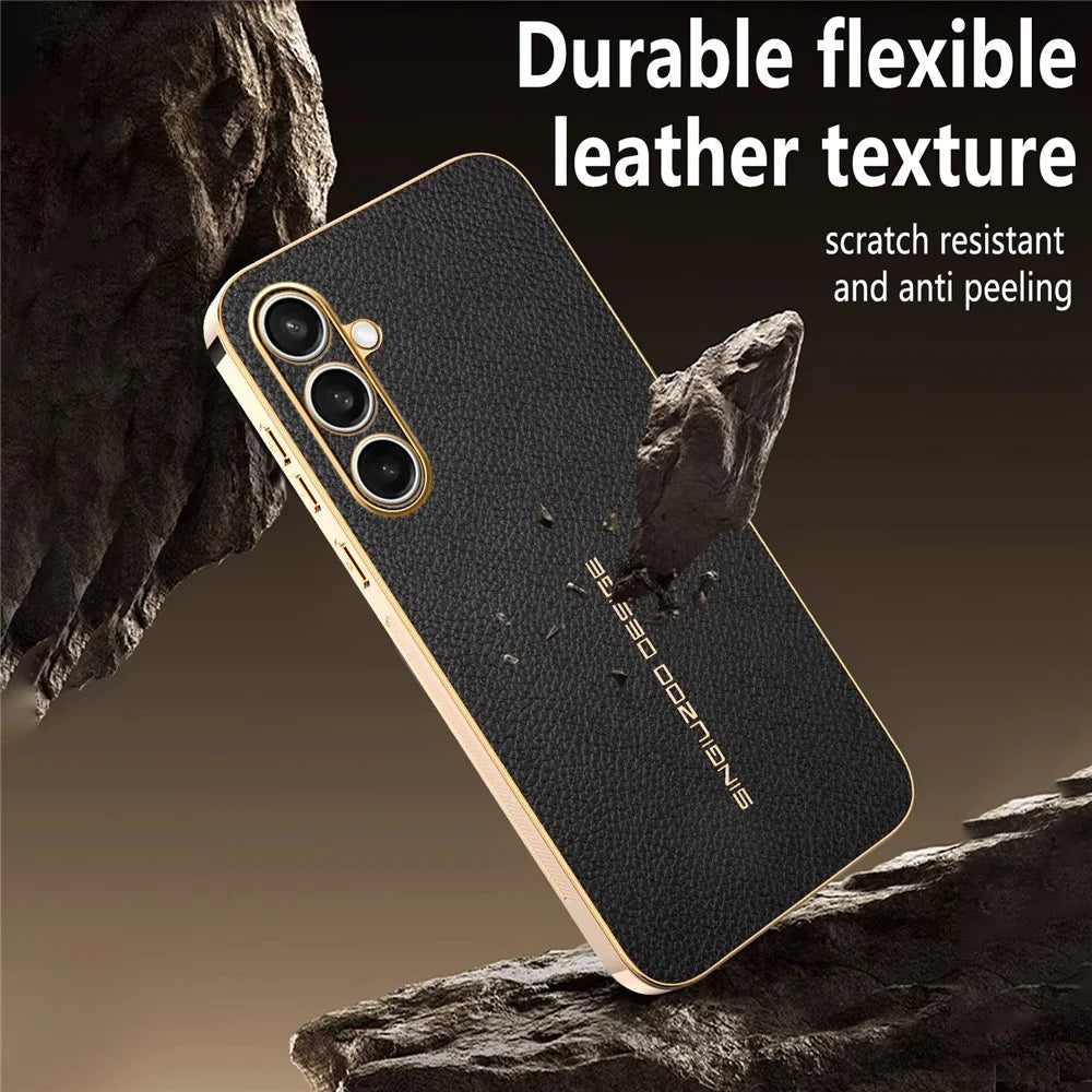 For Samsung Galaxy S25 FE Case Anti Scratch Litchi Texture TPU Leather PU Phone Back Cover - Black - 6