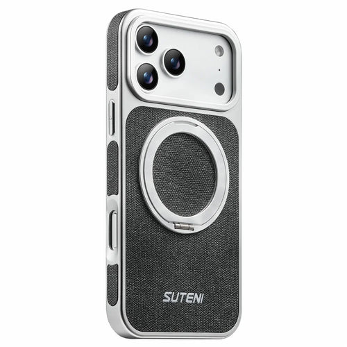 SUTENI G6 for iPhone 17 Pro Max Magnetic Case Rotating Kickstand Electroplating Jean Cloth Texture Leather Back Cover - Black - 1