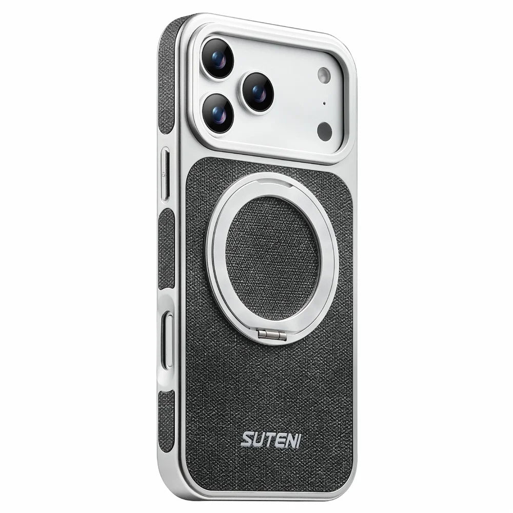 SUTENI G6 for iPhone 17 Pro Max Magnetic Case Rotating Kickstand Electroplating Jean Cloth Texture Leather Back Cover - Black - 1