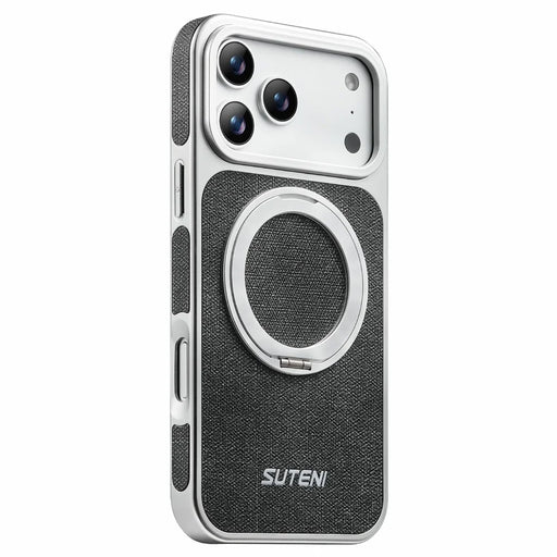 SUTENI G6 for iPhone 17 Pro Max Magnetic Case Rotating Kickstand Electroplating Jean Cloth Texture Leather Back Cover - Black - 1