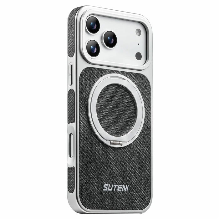 SUTENI G6 for iPhone 17 Pro Max Magnetic Case Rotating Kickstand Electroplating Jean Cloth Texture Leather Back Cover - Black - 1