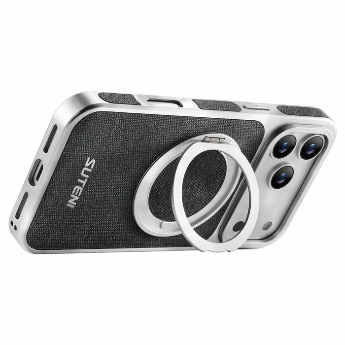 SUTENI G6 for iPhone 17 Pro Max Magnetic Case Rotating Kickstand Electroplating Jean Cloth Texture Leather Back Cover - Black - 3