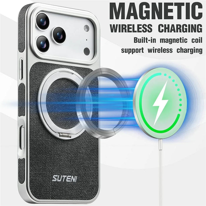 SUTENI G6 for iPhone 17 Pro Max Magnetic Case Rotating Kickstand Electroplating Jean Cloth Texture Leather Back Cover - Black - 5