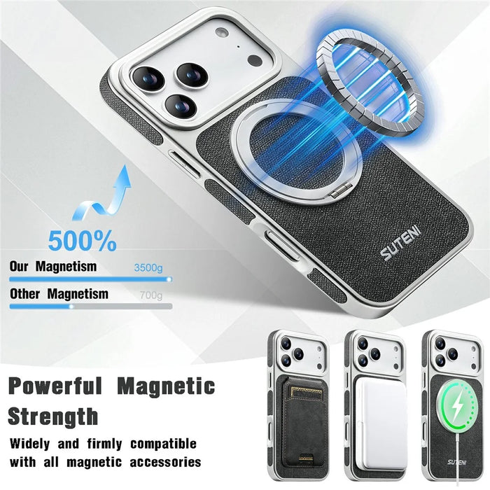 SUTENI G6 for iPhone 17 Pro Max Magnetic Case Rotating Kickstand Electroplating Jean Cloth Texture Leather Back Cover - Black - 6