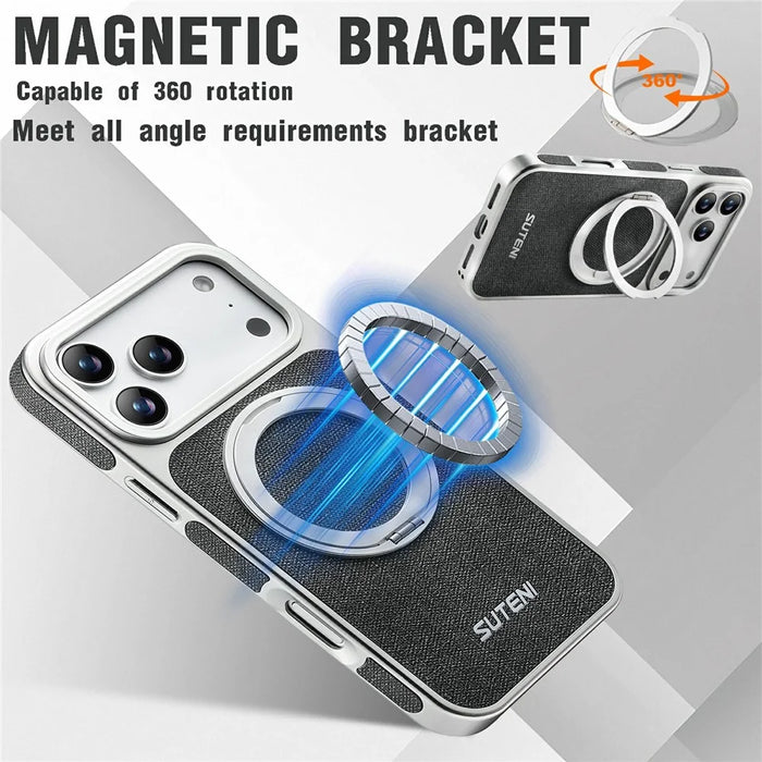 SUTENI G6 for iPhone 17 Pro Max Magnetic Case Rotating Kickstand Electroplating Jean Cloth Texture Leather Back Cover - Black - 7