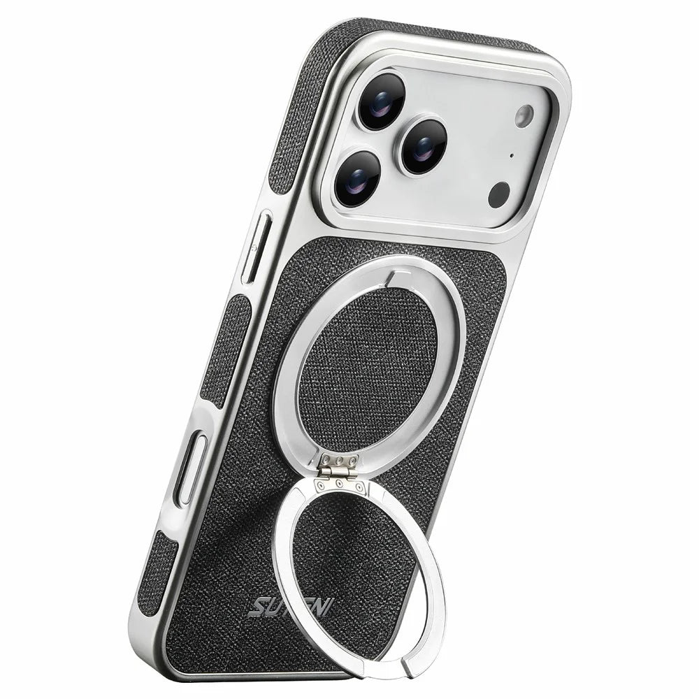 SUTENI G6 for iPhone 17 Pro Magnetic Case Rotating Kickstand Electroplating Jean Cloth Texture Leather Back Cover - Black - 2