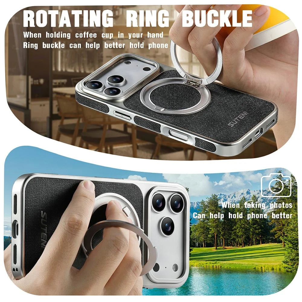 SUTENI G6 for iPhone 17 Pro Magnetic Case Rotating Kickstand Electroplating Jean Cloth Texture Leather Back Cover - Black - 6