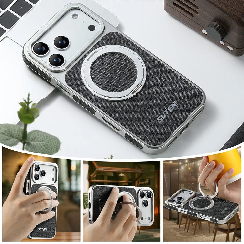 SUTENI G6 for iPhone 17 Pro Magnetic Case Rotating Kickstand Electroplating Jean Cloth Texture Leather Back Cover - Black - 7