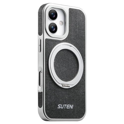 SUTENI G6 for iPhone 17 Magnetic Case Rotating Kickstand Electroplating Jean Cloth Texture Leather Back Cover - Black - 1