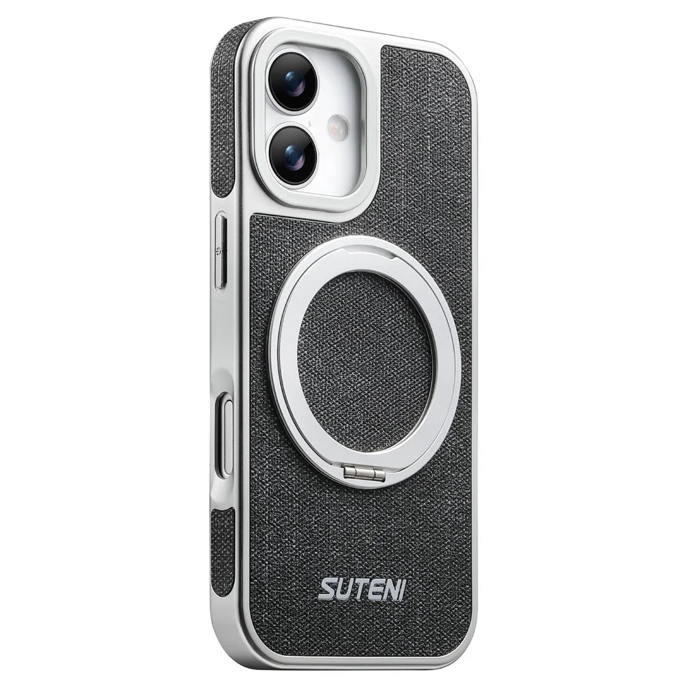 SUTENI G6 for iPhone 17 Magnetic Case Rotating Kickstand Electroplating Jean Cloth Texture Leather Back Cover - Black - 1