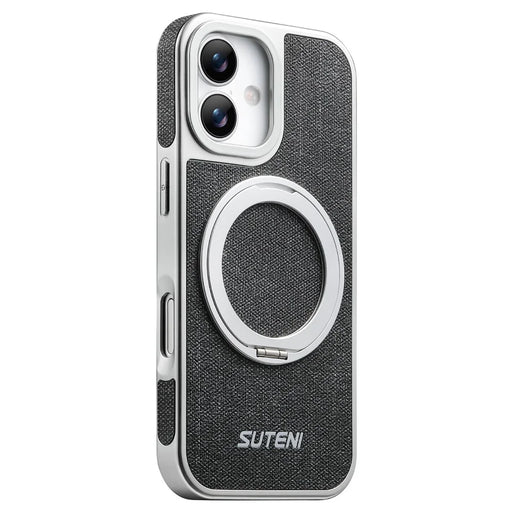 SUTENI G6 for iPhone 17 Magnetic Case Rotating Kickstand Electroplating Jean Cloth Texture Leather Back Cover - Black - 1