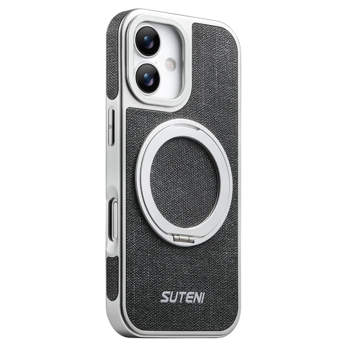 SUTENI G6 for iPhone 17 Magnetic Case Rotating Kickstand Electroplating Jean Cloth Texture Leather Back Cover - Black - 1