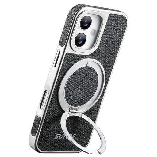 SUTENI G6 for iPhone 17 Magnetic Case Rotating Kickstand Electroplating Jean Cloth Texture Leather Back Cover - Black - 2