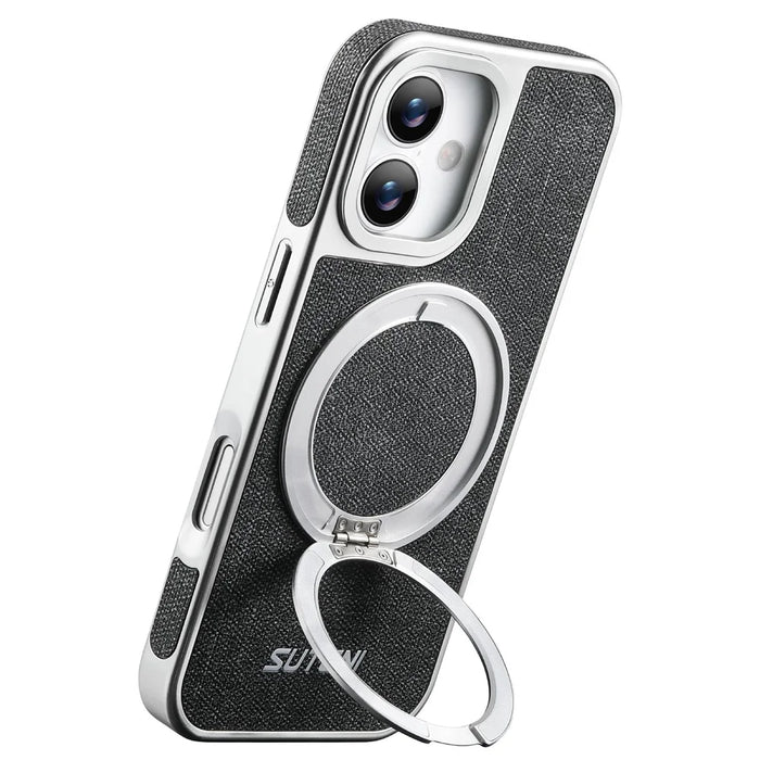 SUTENI G6 for iPhone 17 Magnetic Case Rotating Kickstand Electroplating Jean Cloth Texture Leather Back Cover - Black - 2