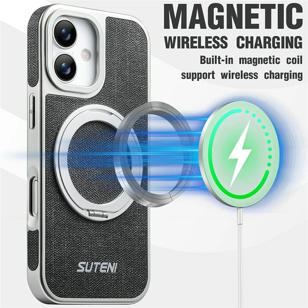 SUTENI G6 for iPhone 17 Magnetic Case Rotating Kickstand Electroplating Jean Cloth Texture Leather Back Cover - Black - 3