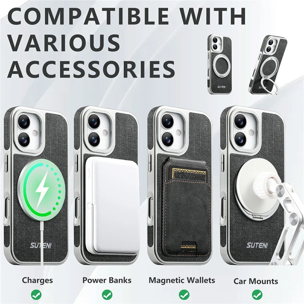 SUTENI G6 for iPhone 17 Magnetic Case Rotating Kickstand Electroplating Jean Cloth Texture Leather Back Cover - Black - 4