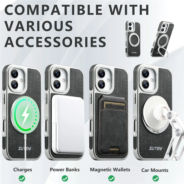 SUTENI G6 for iPhone 17 Magnetic Case Rotating Kickstand Electroplating Jean Cloth Texture Leather Back Cover - Black - 4
