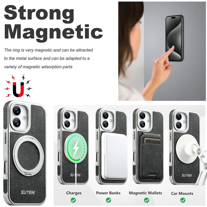 SUTENI G6 for iPhone 17 Magnetic Case Rotating Kickstand Electroplating Jean Cloth Texture Leather Back Cover - Black - 5