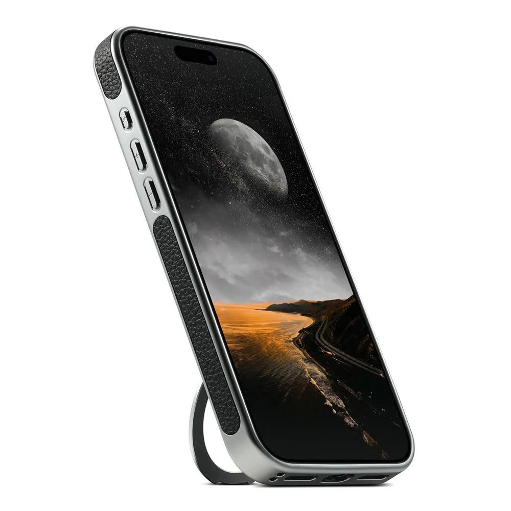SUTENI G6 for iPhone 17 Pro Max Magnetic Case Rotating Kickstand Electroplating Litchi Texture Leather Back Cover - Black - 4