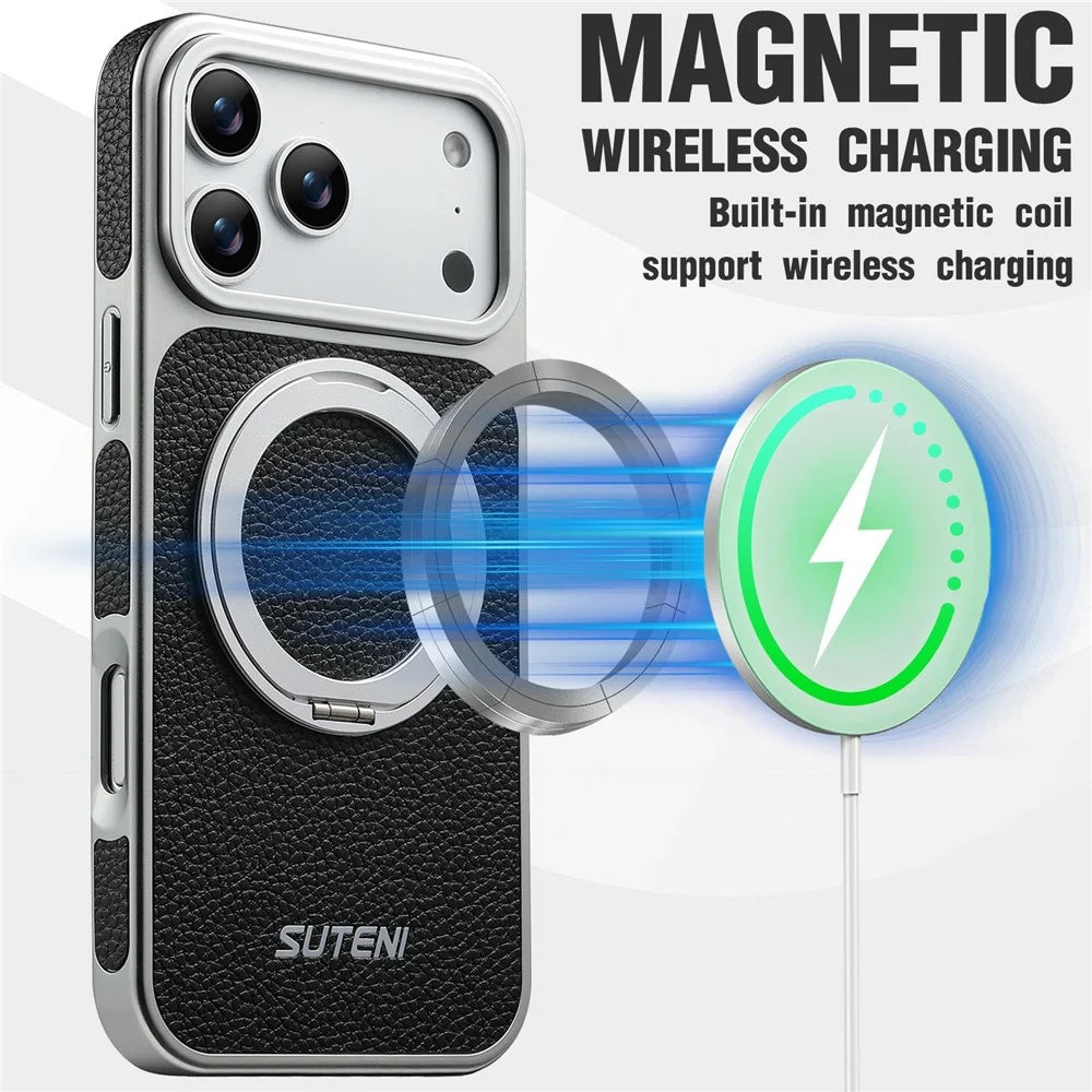 SUTENI G6 for iPhone 17 Pro Max Magnetic Case Rotating Kickstand Electroplating Litchi Texture Leather Back Cover - Black - 5