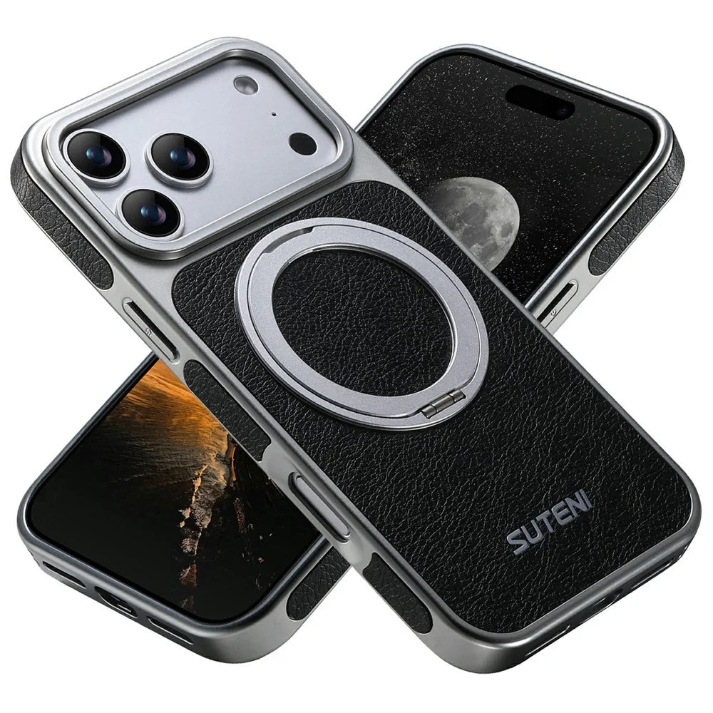 SUTENI G6 for iPhone 17 Pro Max Magnetic Case Rotating Kickstand Electroplating Crazy Horse Texture Leather Back Cover - Black - 1