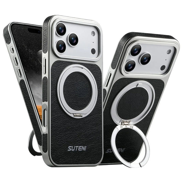 SUTENI G6 for iPhone 17 Pro Max Magnetic Case Rotating Kickstand Electroplating Crazy Horse Texture Leather Back Cover - Black - 2