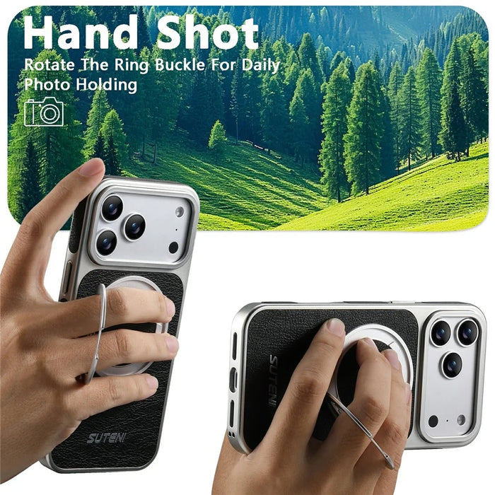 SUTENI G6 for iPhone 17 Pro Max Magnetic Case Rotating Kickstand Electroplating Crazy Horse Texture Leather Back Cover - Black - 3