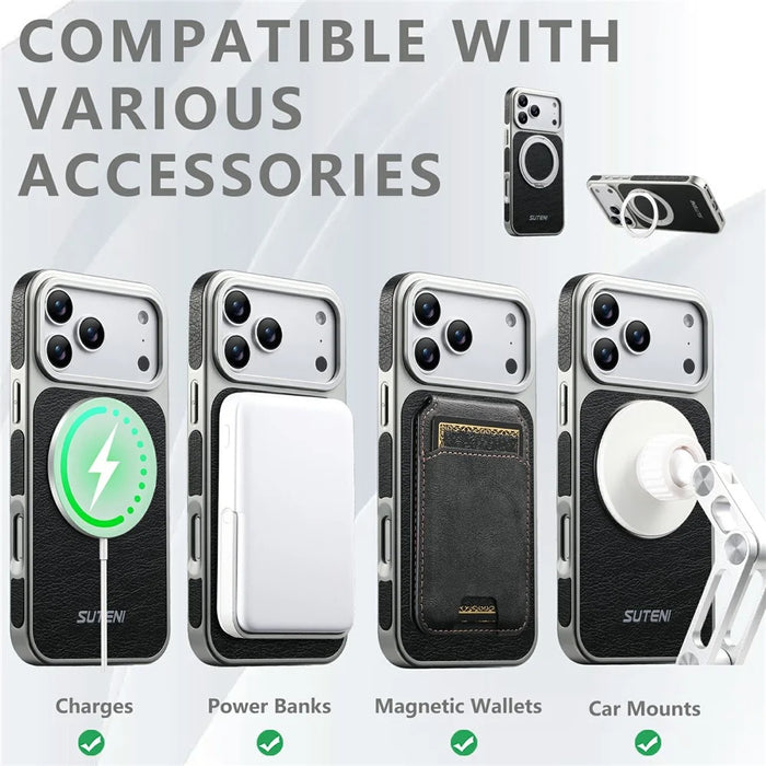 SUTENI G6 for iPhone 17 Pro Max Magnetic Case Rotating Kickstand Electroplating Crazy Horse Texture Leather Back Cover - Black - 5