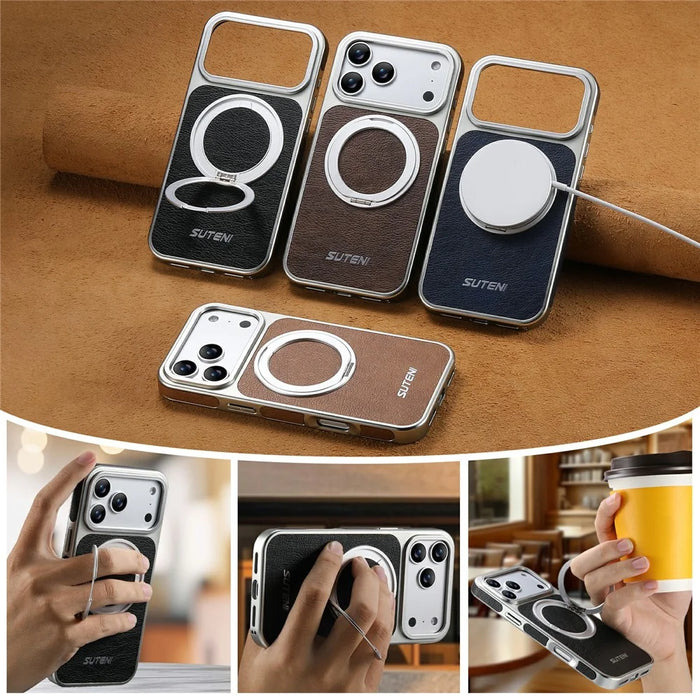 SUTENI G6 for iPhone 17 Pro Max Magnetic Case Rotating Kickstand Electroplating Crazy Horse Texture Leather Back Cover - Black - 6