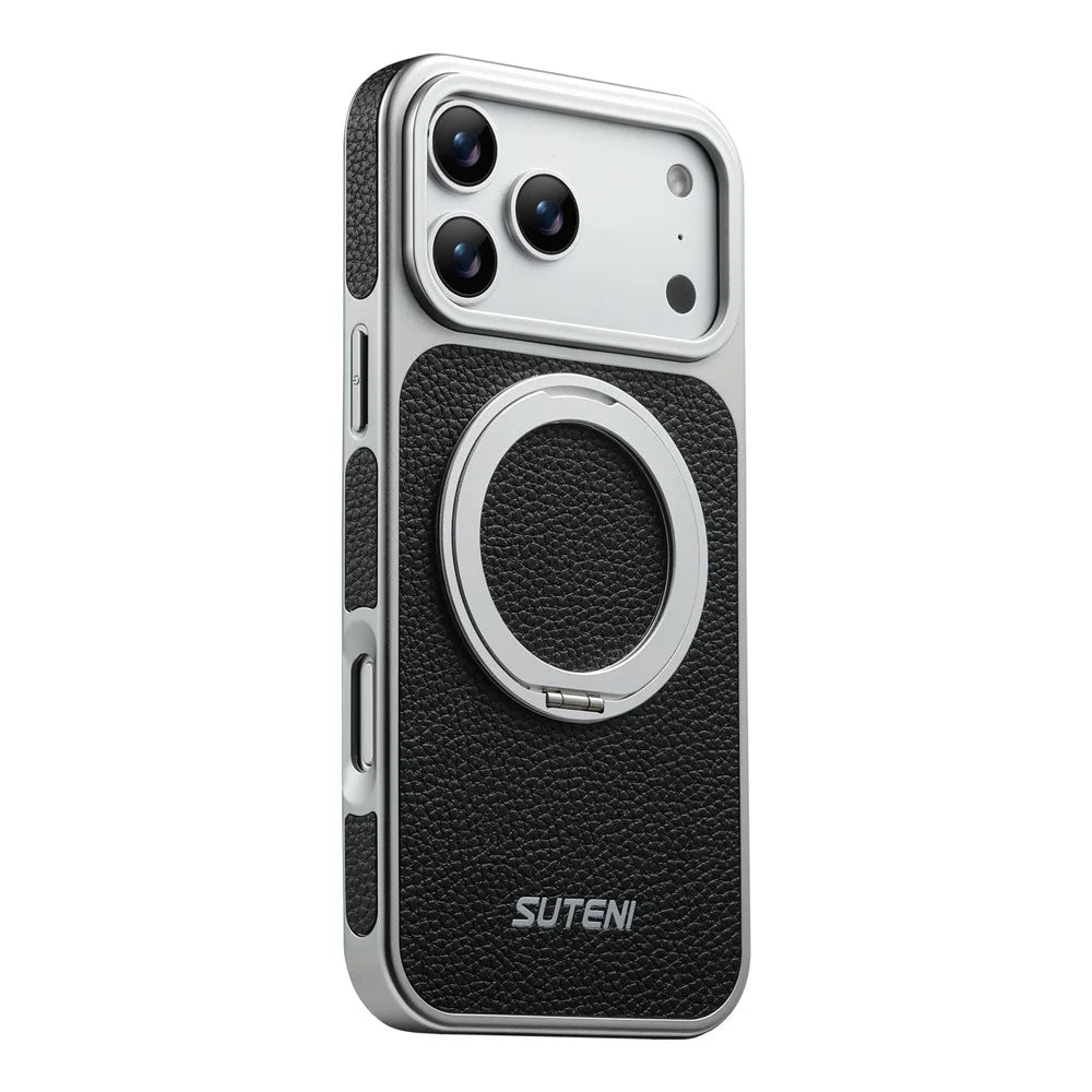 SUTENI G6 for iPhone 17 Pro Magnetic Case Rotating Kickstand Electroplating Litchi Texture Leather Back Cover - Black - 1