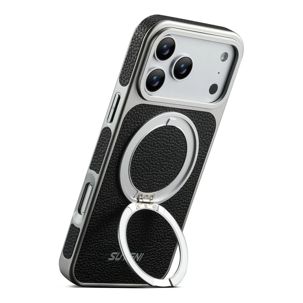 SUTENI G6 for iPhone 17 Pro Magnetic Case Rotating Kickstand Electroplating Litchi Texture Leather Back Cover - Black - 2