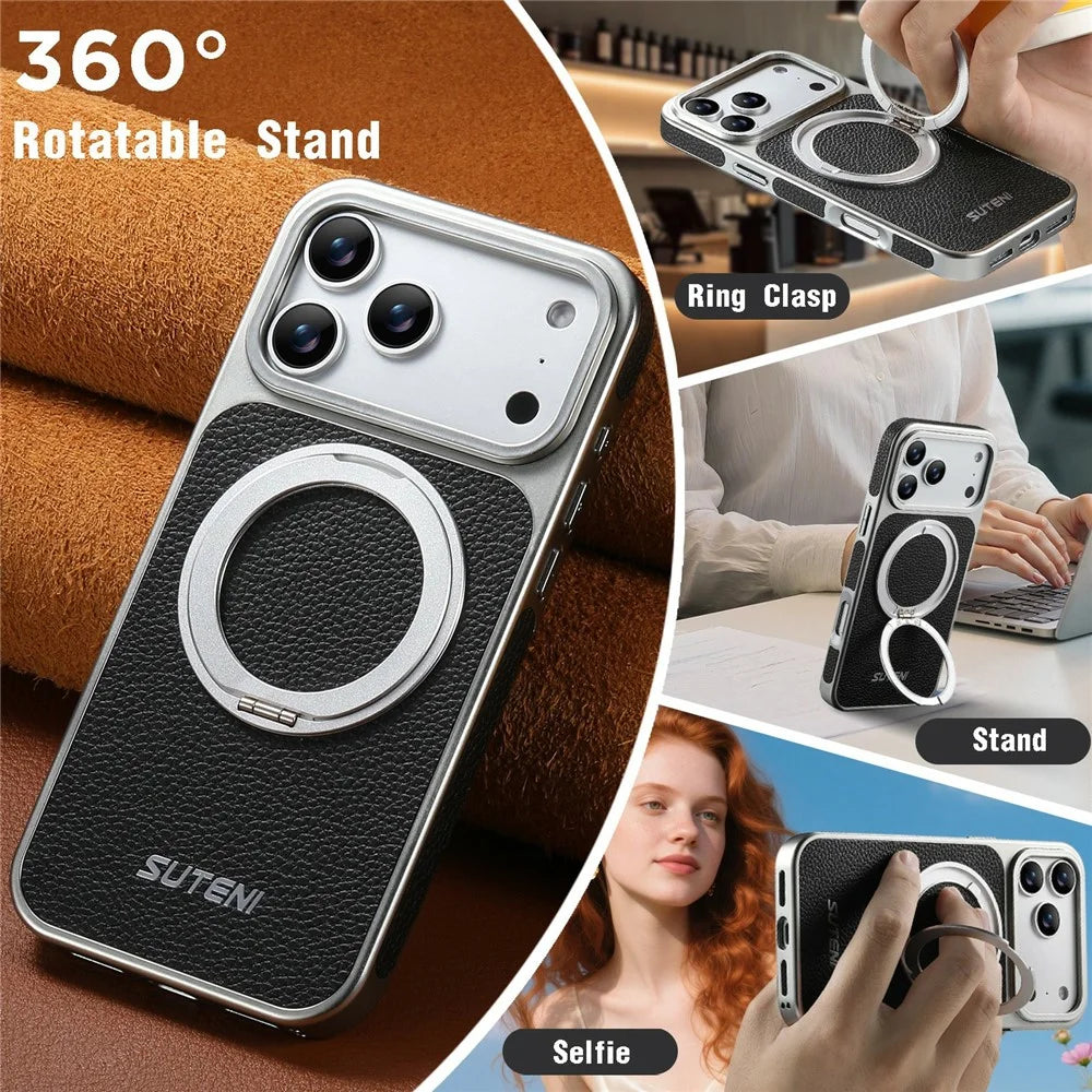 SUTENI G6 for iPhone 17 Pro Magnetic Case Rotating Kickstand Electroplating Litchi Texture Leather Back Cover - Black - 7