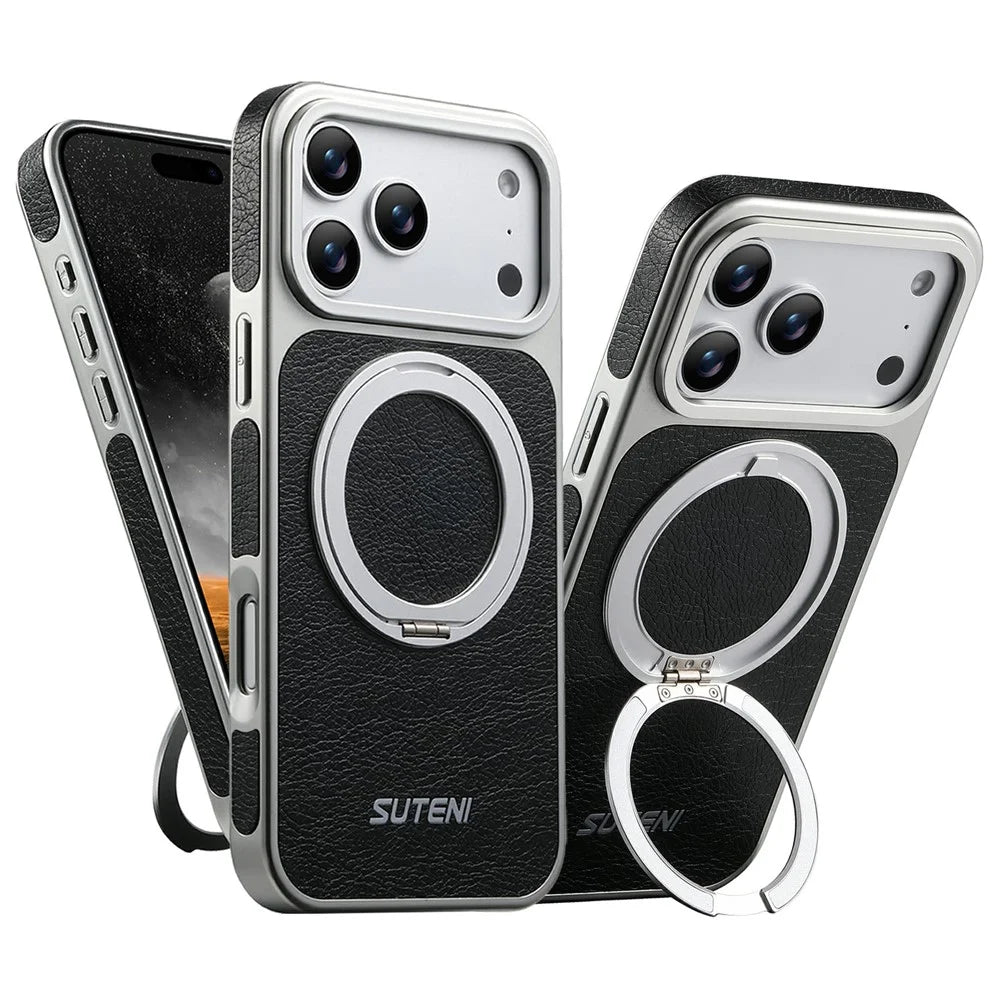 SUTENI G6 for iPhone 17 Pro Magnetic Case Rotating Kickstand Electroplating Crazy Horse Texture Leather Back Cover - Black - 2